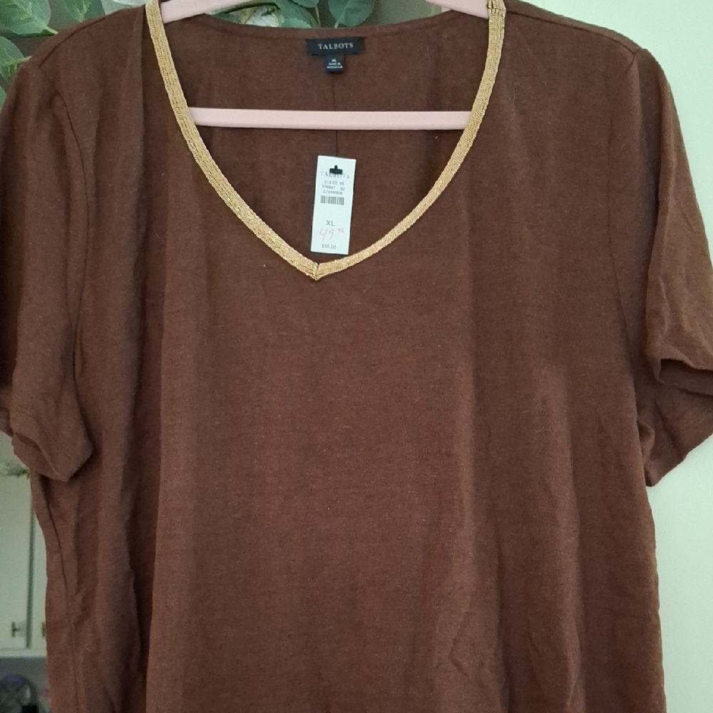 Talbots Brown Linen With Sparkle Gold Trim Sleeve Boxy Tee
